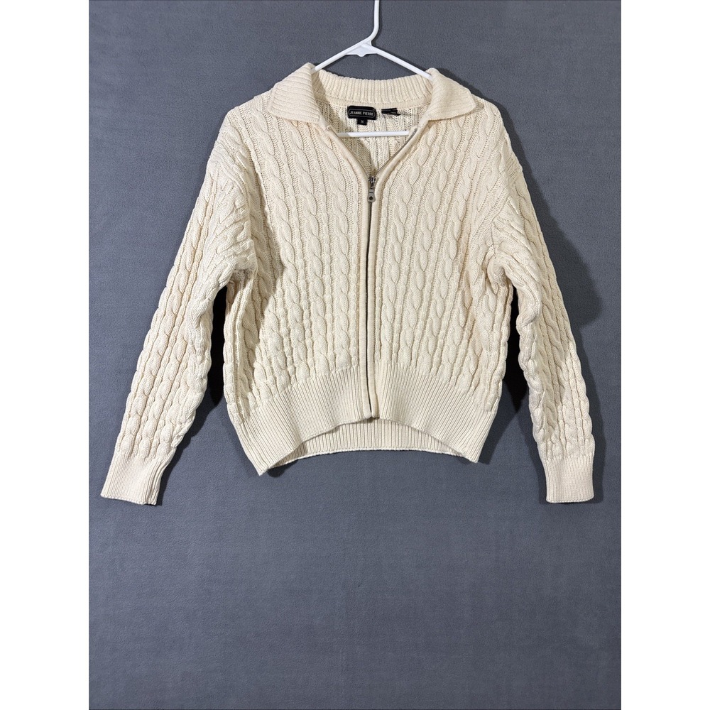 Jeanne Pierre Crop Cardigan Womens M Cream Chunky Knit‎ Collar Fisherman Y2K